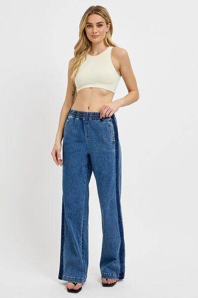 RISEN Full Size Elastic Waist Wide Leg Jeans Plus Size Women